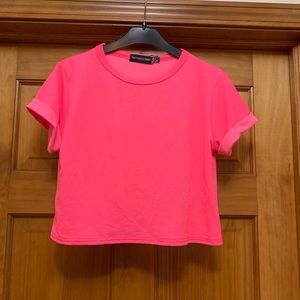 PrettyLittleThing crop hot pink roll sleeve shirt